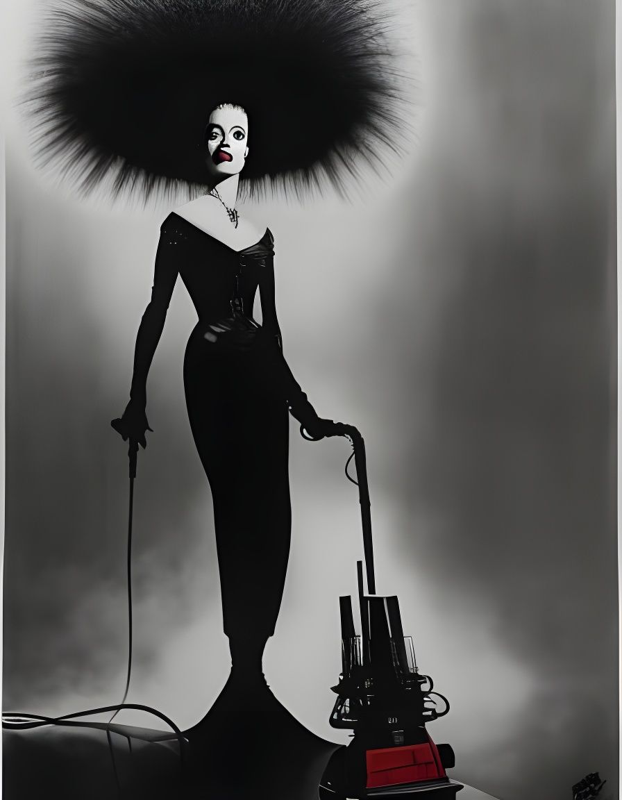 Bride of Frankenstein Does Housework: Grayscale Illustration