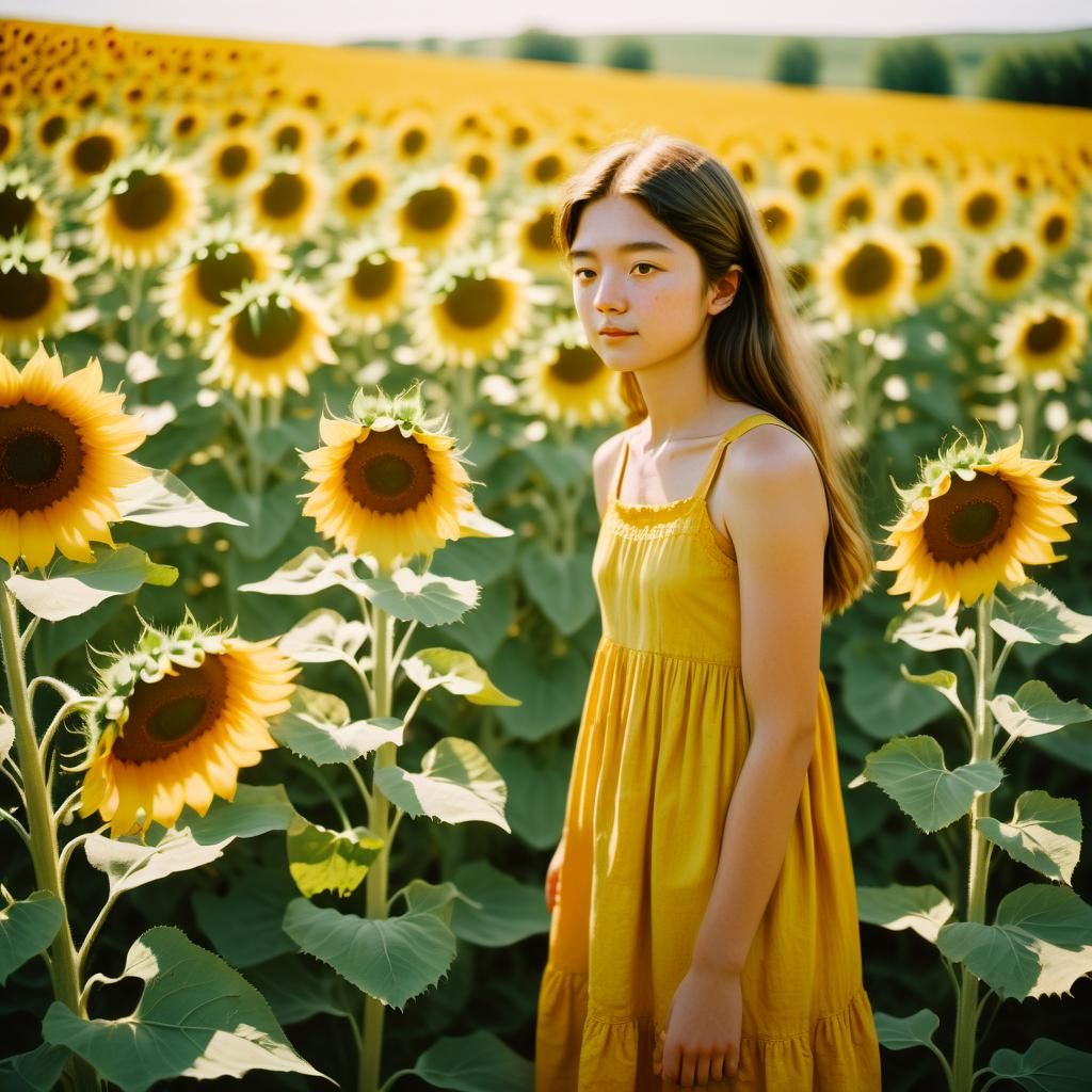 Woman in Sunflower Field with Film Grain Effect