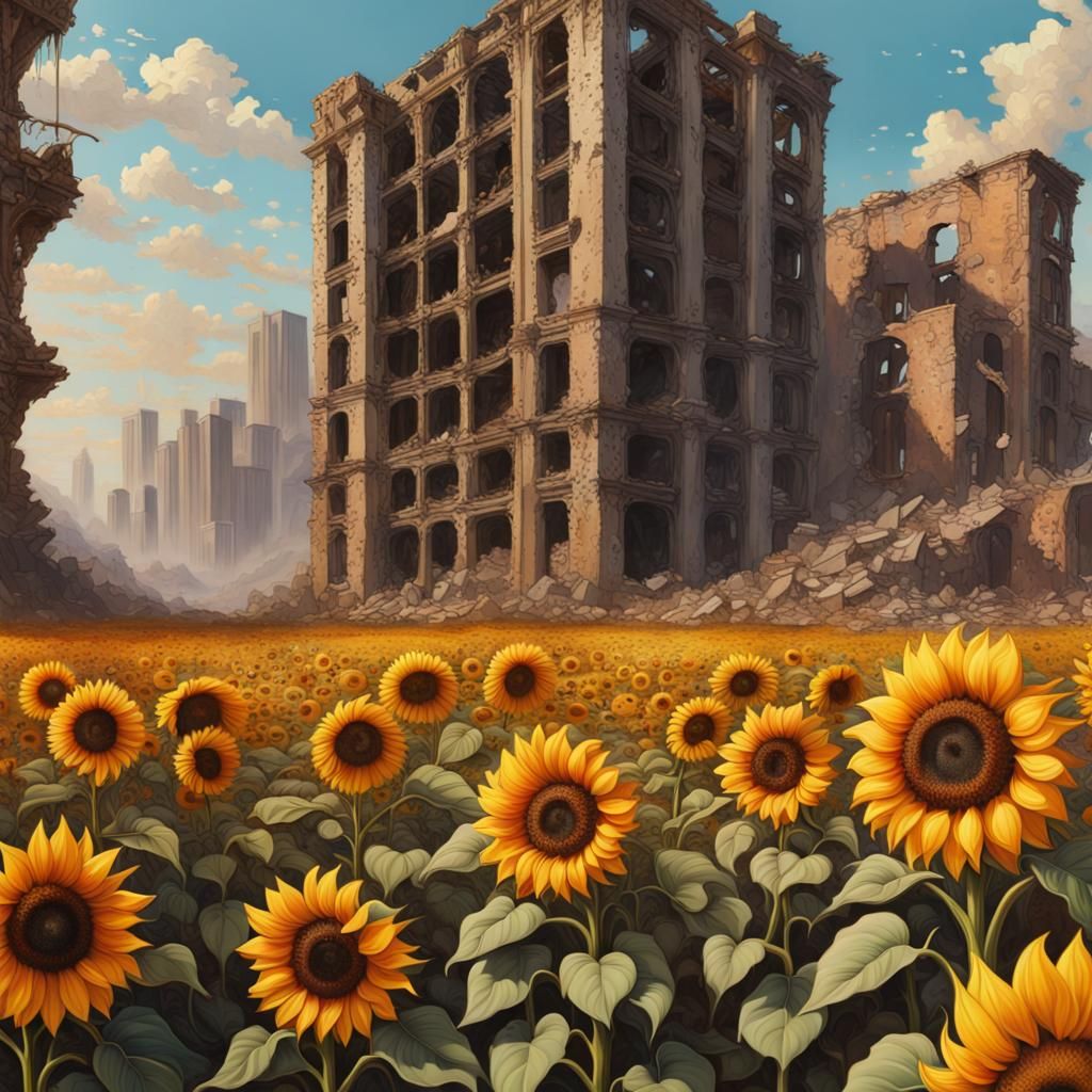 Sunflowers Rise in Dystopian Cityscapes