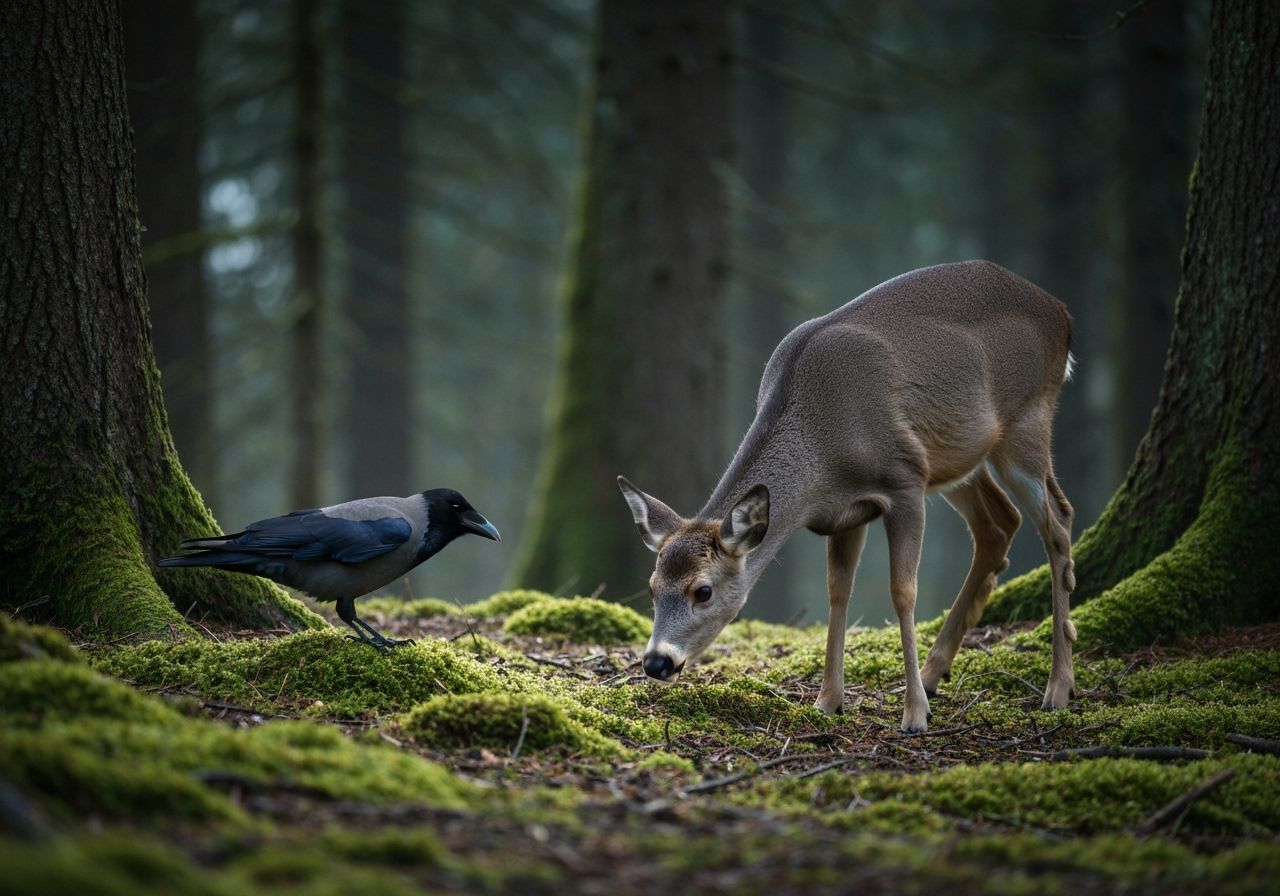 Crow Watching Deer in Winter Forest as Impasto Painting