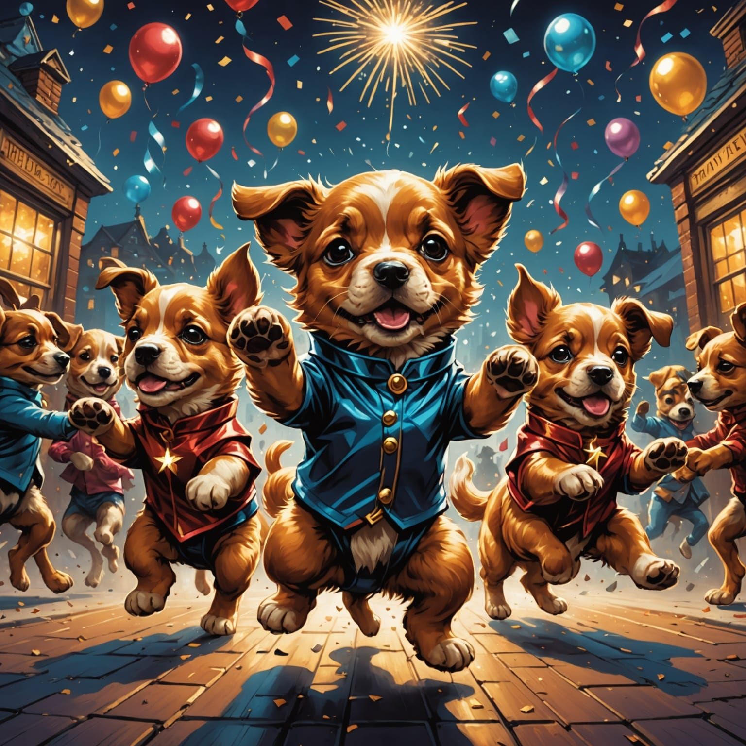 Puppies in Fun Comic Book Style Celebrate New Year