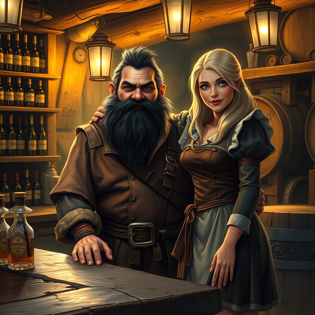Warm Tavern Scene with Dwarf and Tavern Maid