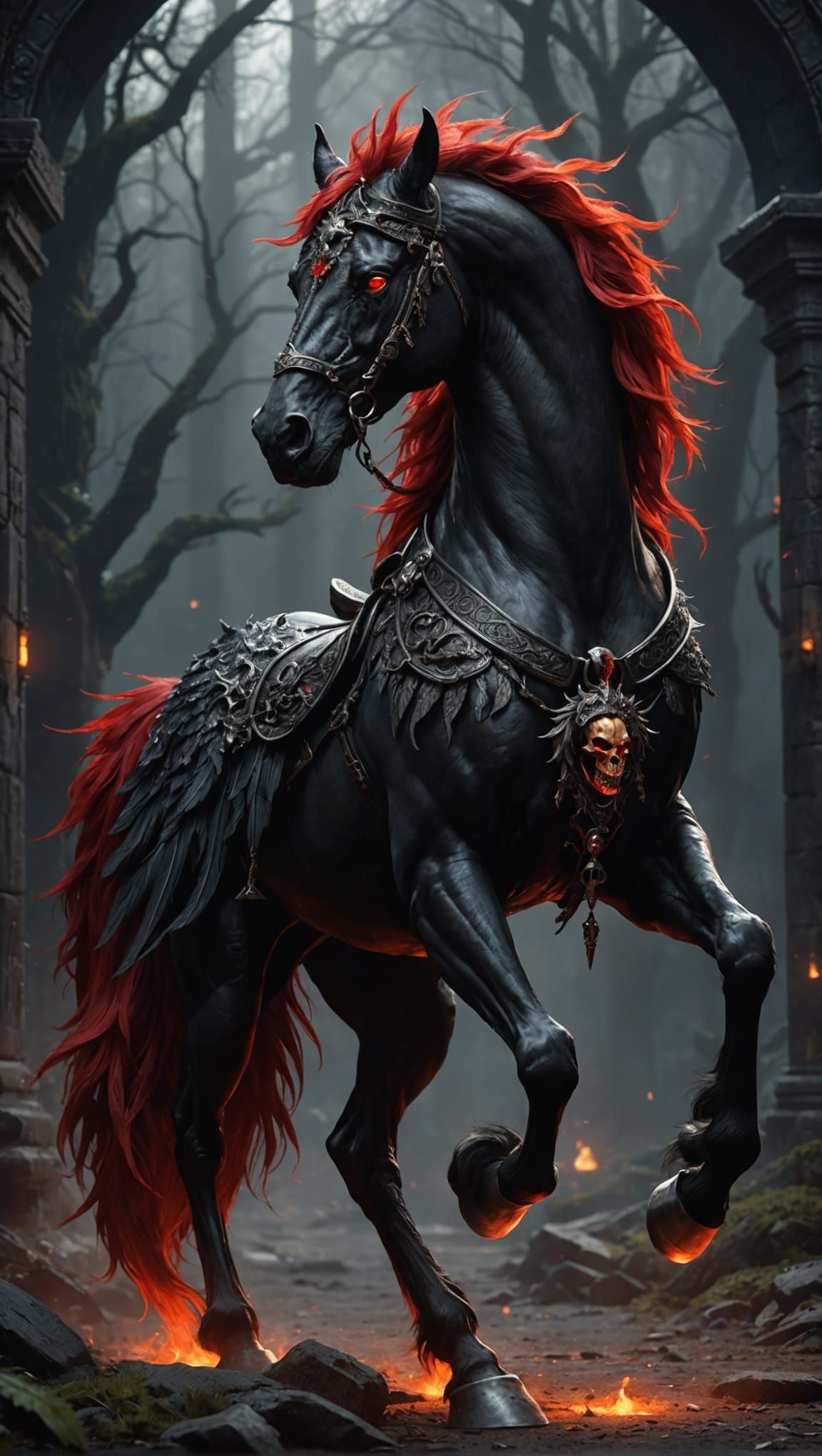 Majestic Black Fantasy Horse with Red Glowing Eyes