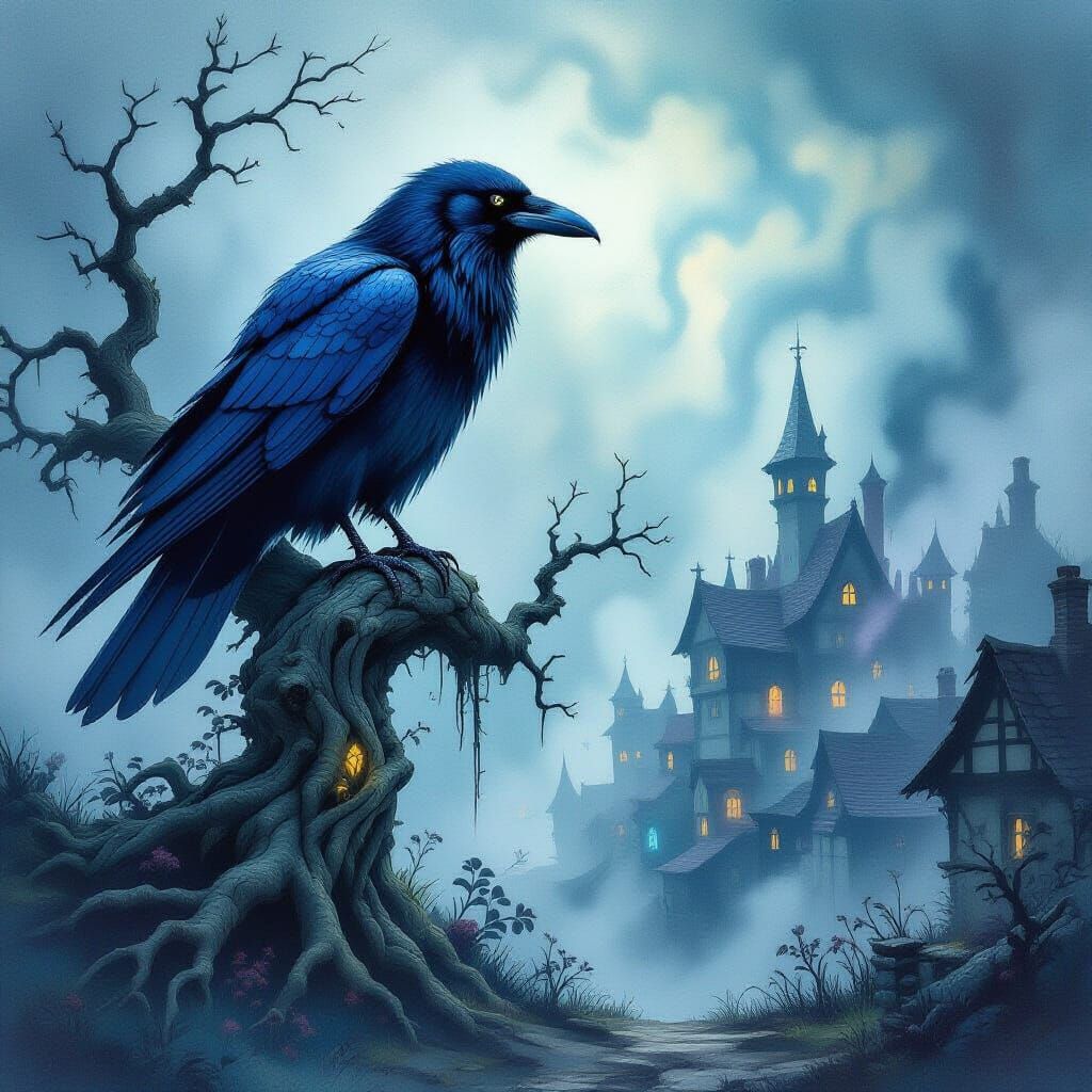 Giant Luminescent Raven Above Fog-Shrouded Village