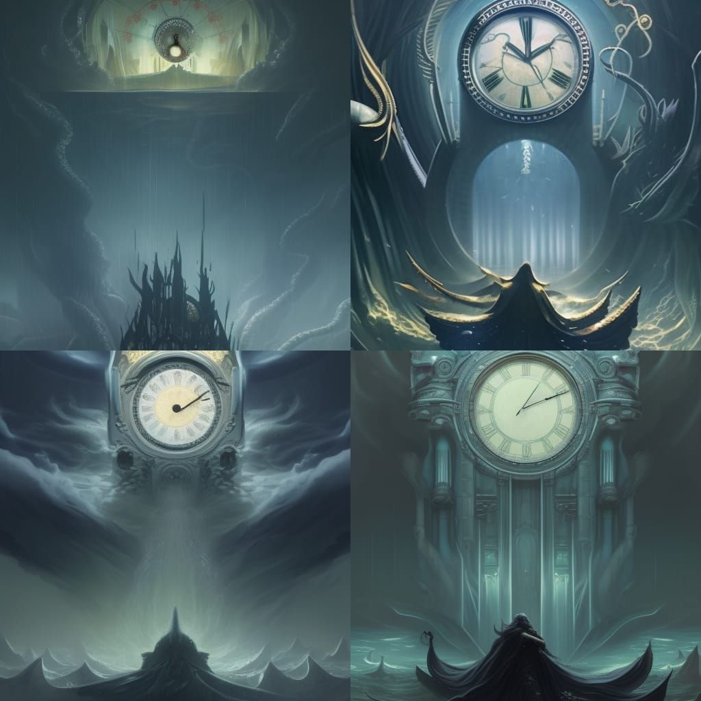 Art Nouveau Clock with Cthulhu in Storm