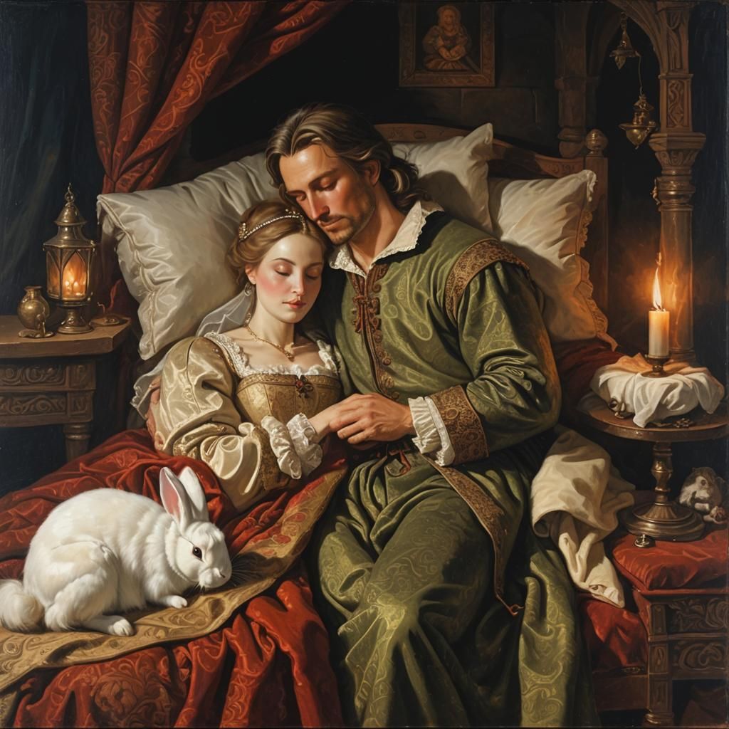 Cozy Medieval Scene: Lord, Lady, and Rabbit