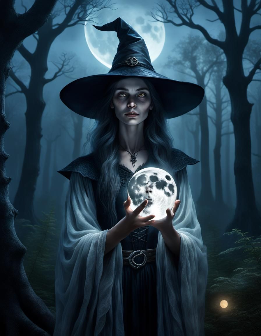 Mystical Witch Portrait with Full Moon in Hand
