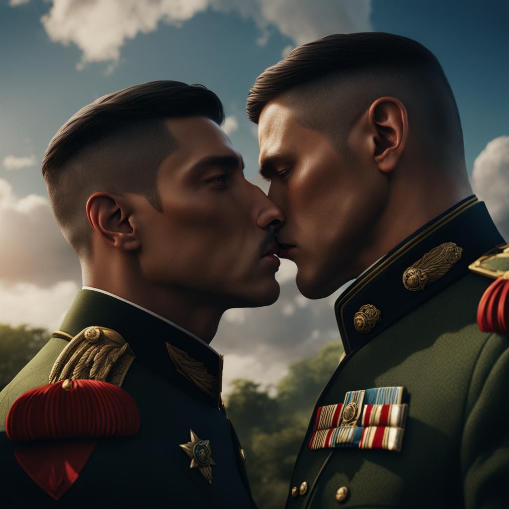 Two Soldiers Kiss in Detailed Matte Painting