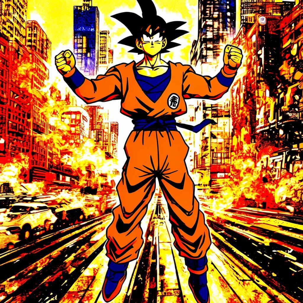 Heroic Goku Leaps to Catch Train in Sunset City