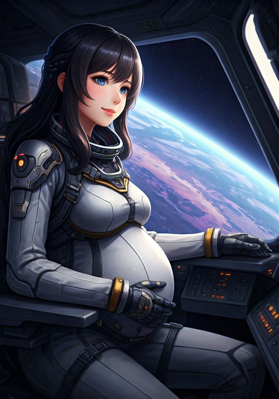 Serene Pregnant Space Explorer Gazing Out at a Distant Plane...