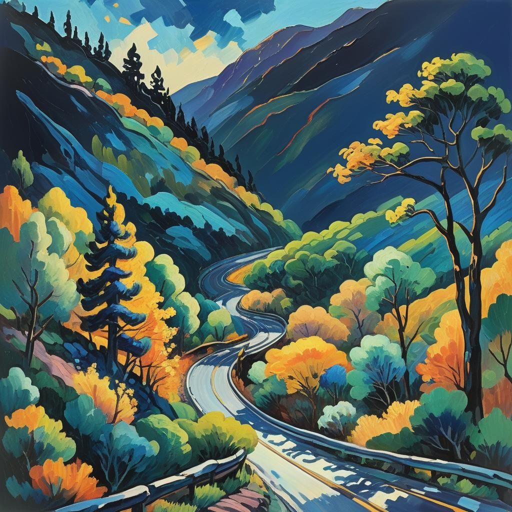 Mountain Road Gouache Painting in Impressionist Style