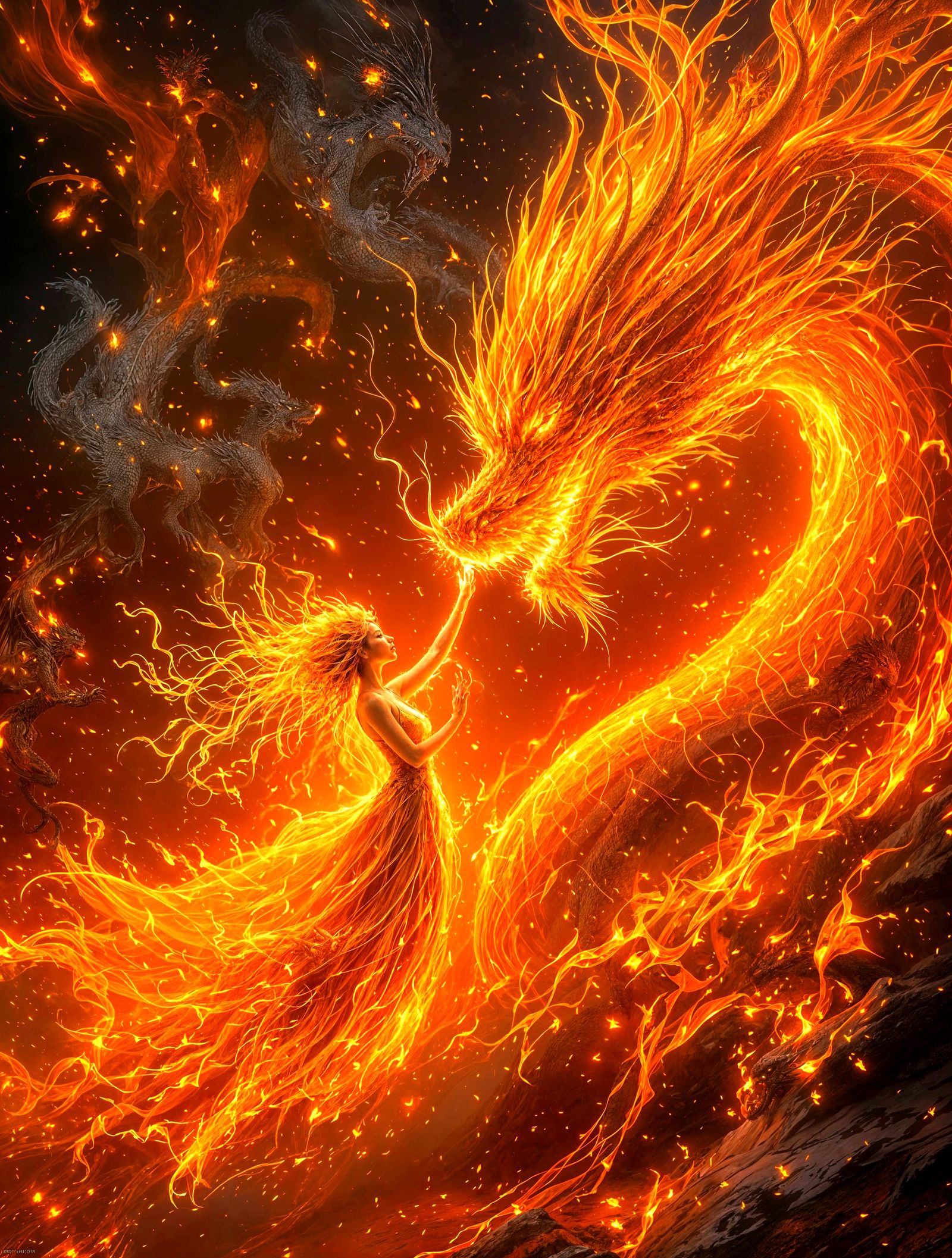 Fiery Woman Touches Dragon in Baroque Style