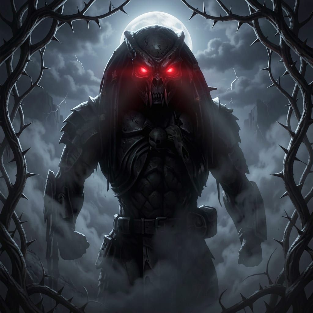 Gothic Predator with Red Eyes in Stormy Sky