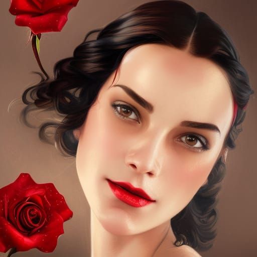 Flamenco Girl with Red Rose, Detailed Portrait