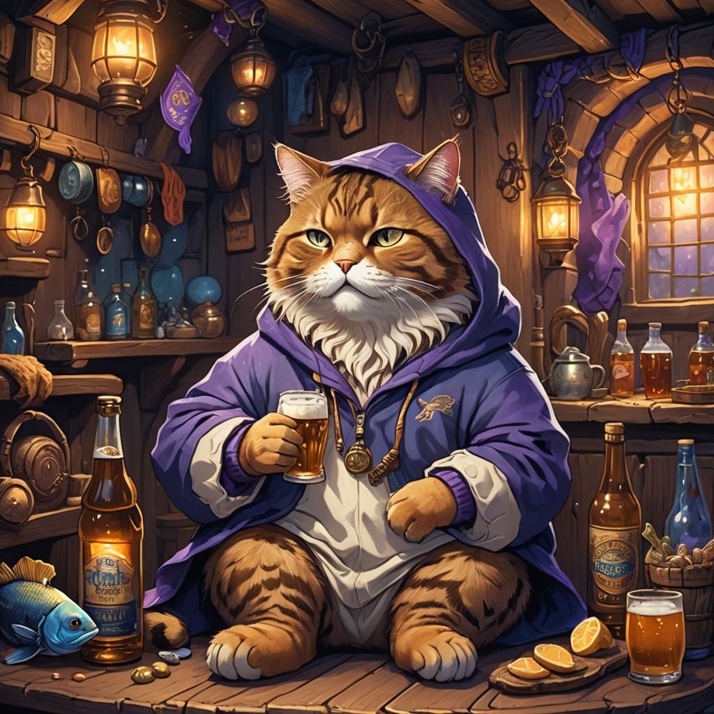 Sleepy Cat in Tavern: Whimsical Fantasy Art