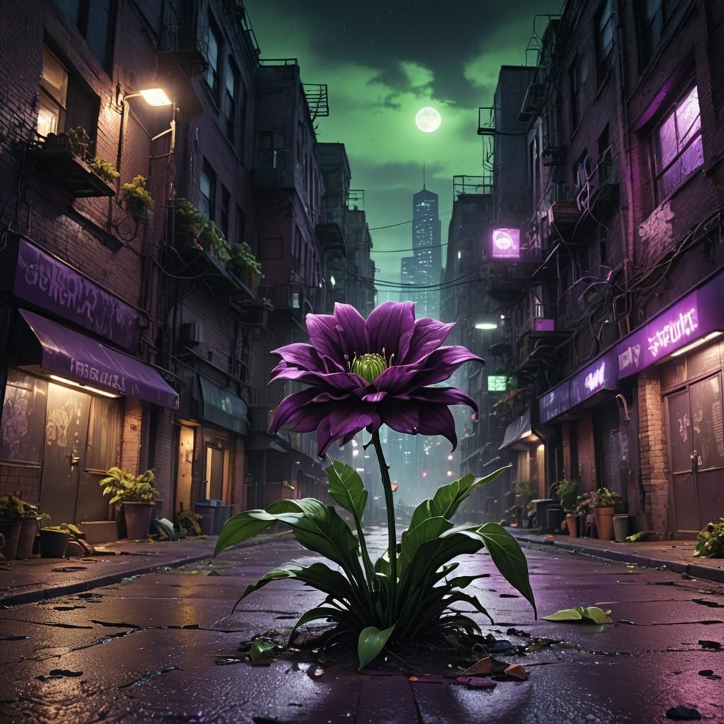Muscular Flower Blooms in Dark Fantasy Urban Night