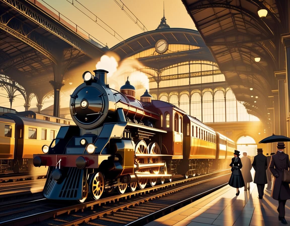 Dieselpunk Train Station at Dusk: Manga Style Digital Art