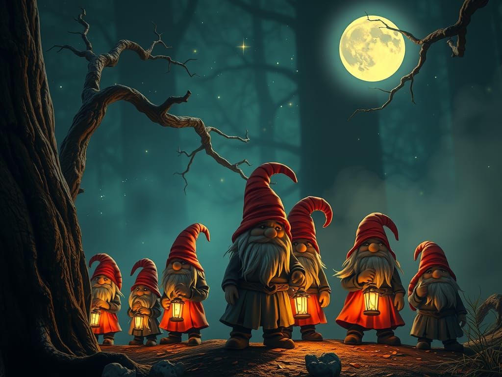 Gnomes' Moonlit Journey in Whimsical Style