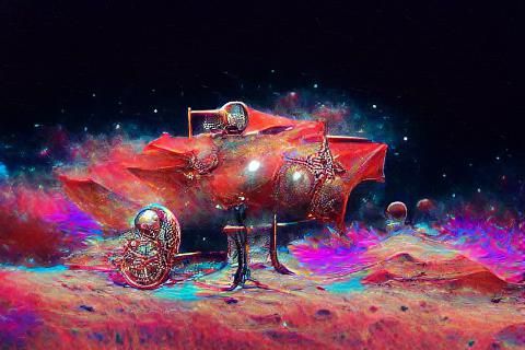 Steampunk Engine on Red Mars in Holographic Style