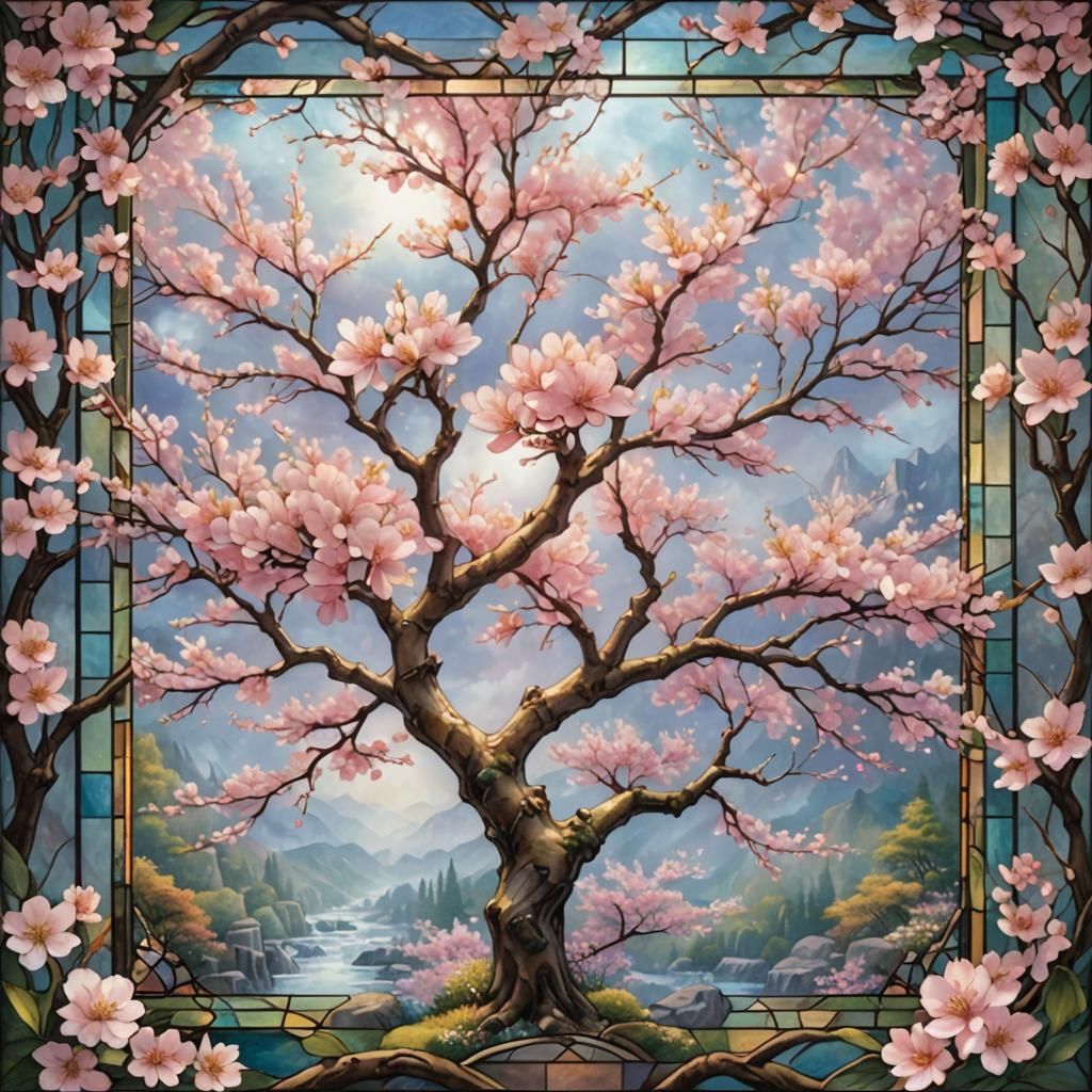 Ethereal Cherry Blossom in Stained Glass