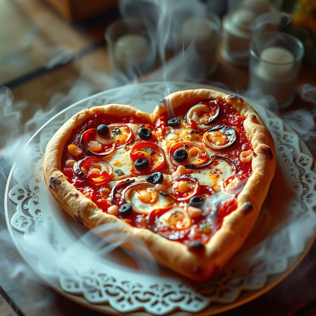 Heart-Shaped Pizza with Ethereal Mist, in Hyperdetailed Fant...