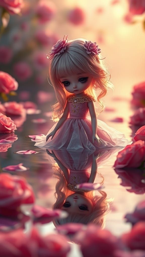 Serenely Dressed Blythe Doll Surrounded by Roses in a Whimsi...
