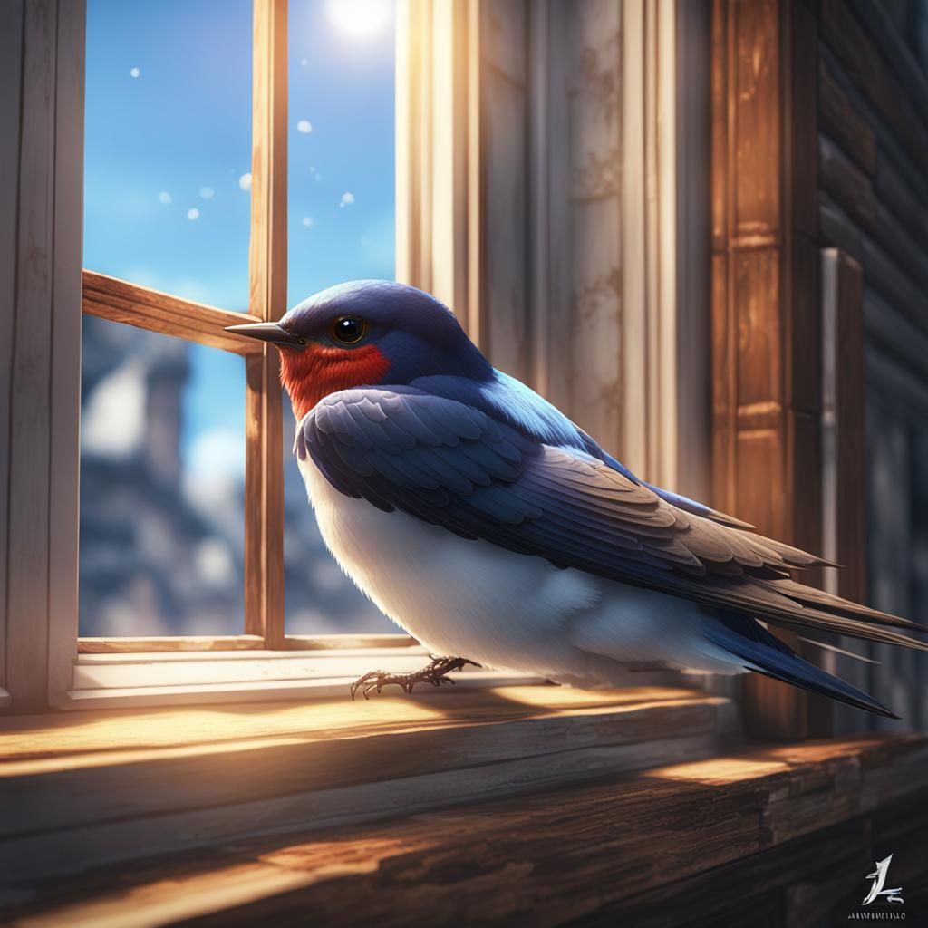 Swallow on Ledge in Anime Style, 8K Resolution