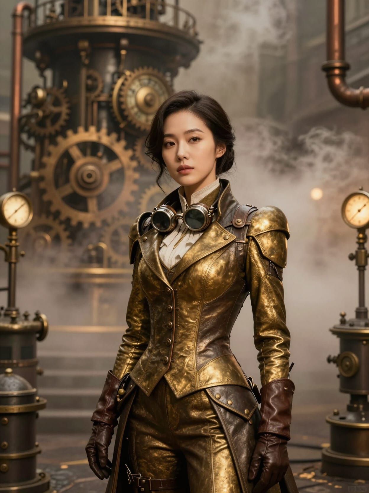 Steampunk Korean Woman in Victorian Gas-Lit Street
