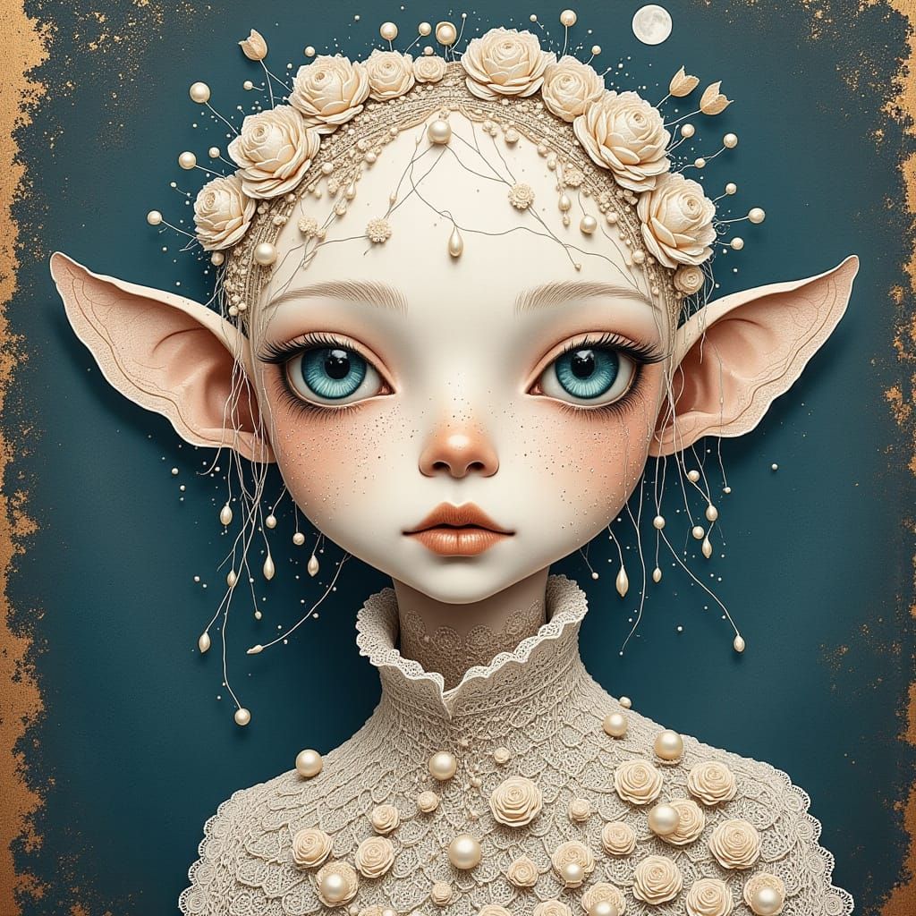 Ethereal Victorian Goddess with Pearl Hair and Ivory Lace Co...