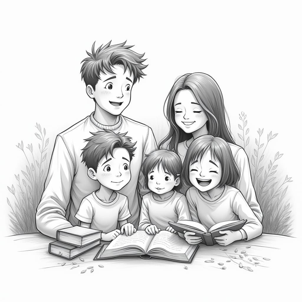 Family Portrait in Timeless Black-and-White Pencil Art