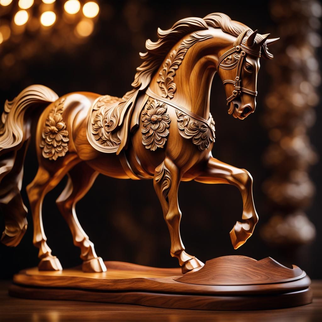 Majestic Carved Wooden Horse Sculpture in Baroque Style