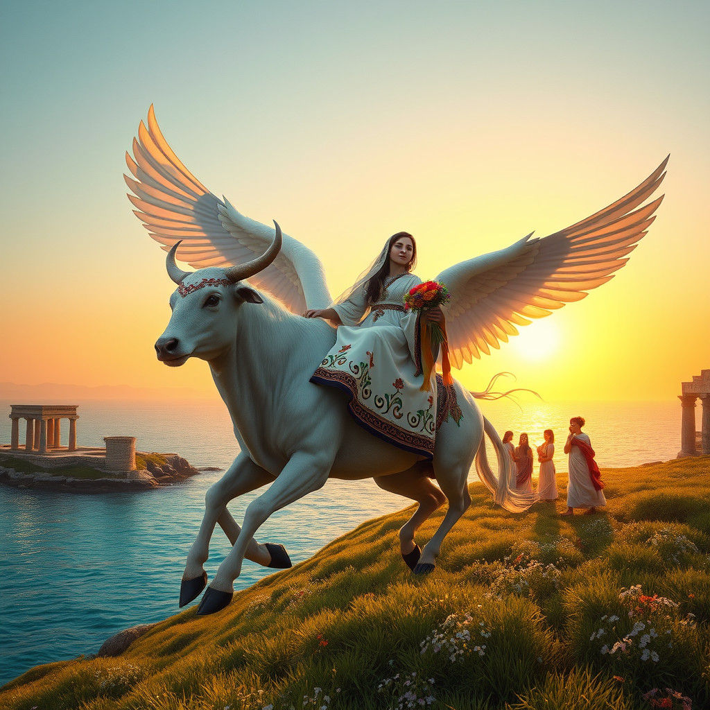 Palestinian Woman Rides Winged Bull in Fantasy Landscape