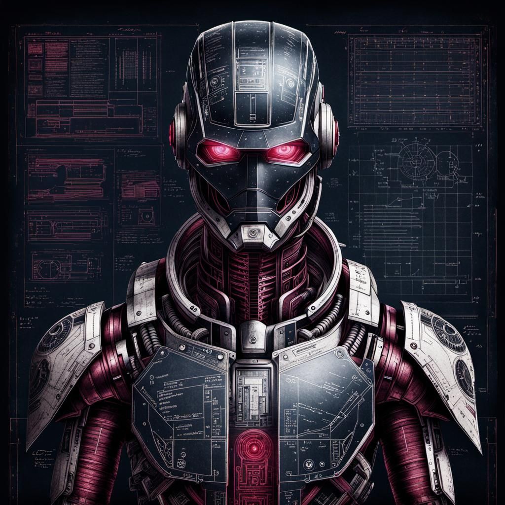 Cyborg Blueprint Sketch with Grunge and Annotations