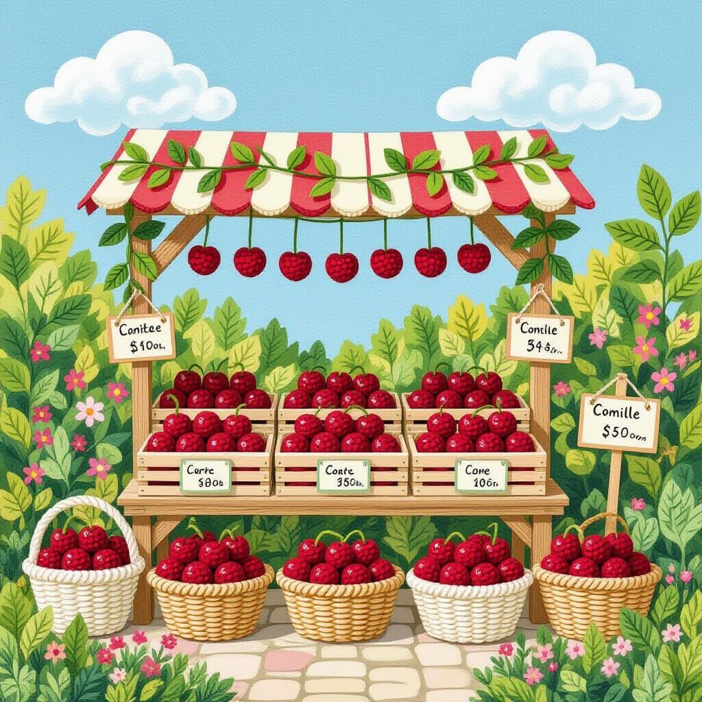 Miniature Cherry Market in Lush Garden, Fiber Art Style