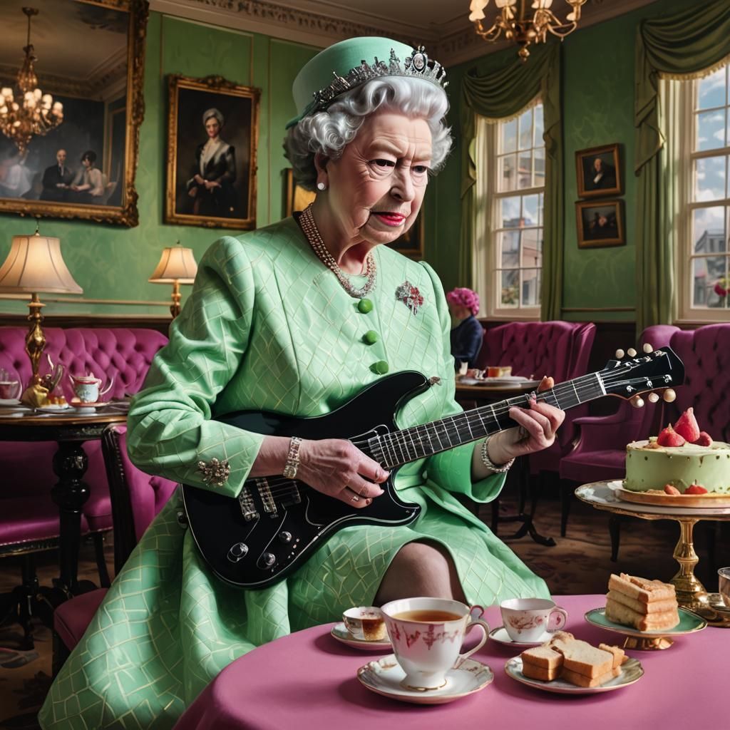 Queen Elizabeth II Shreds Guitar in Palace: Digital Art