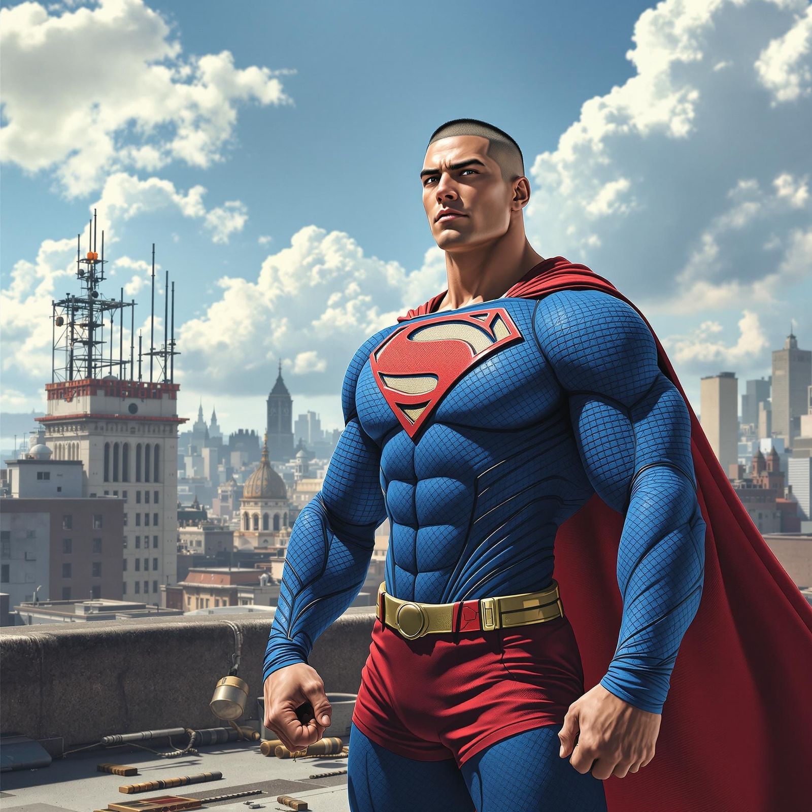 Triumphant Asian Superman on Rooftop in Hyperrealistic Style