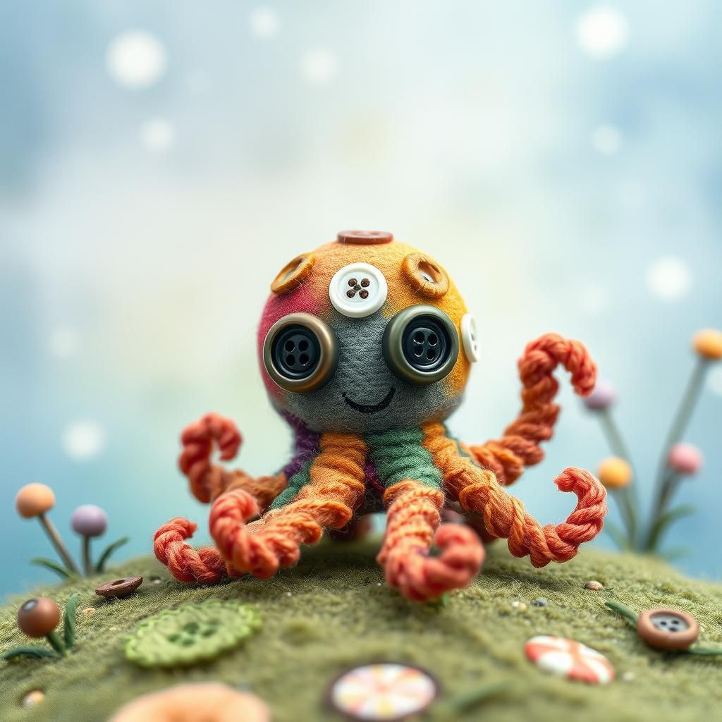 Button-Eyed Octopus in Watercolor Fantasy Landscape