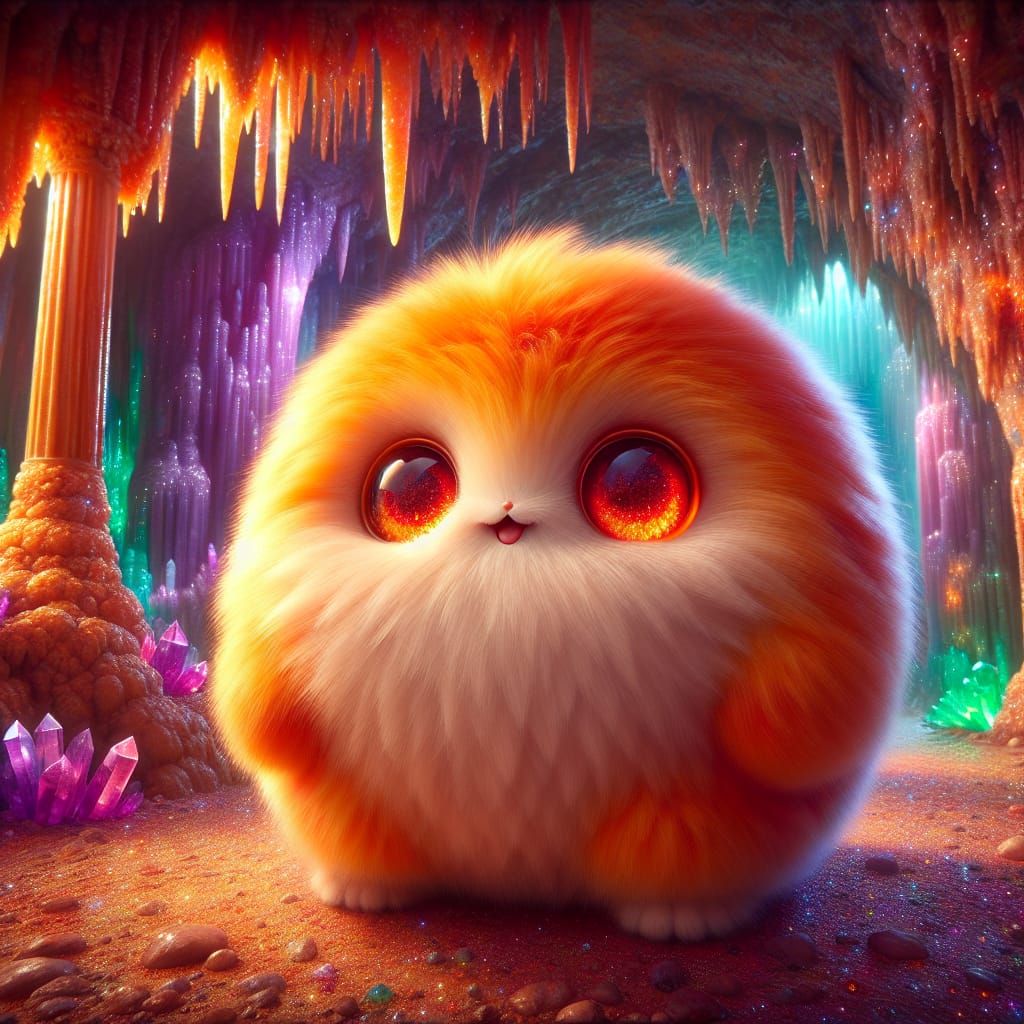 Fluffy Orange Creature in Enchanted Gemstone Cave