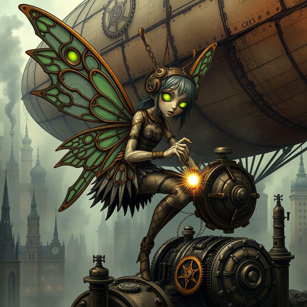 Steampunk Fairy Repairs Airship in Victorian City