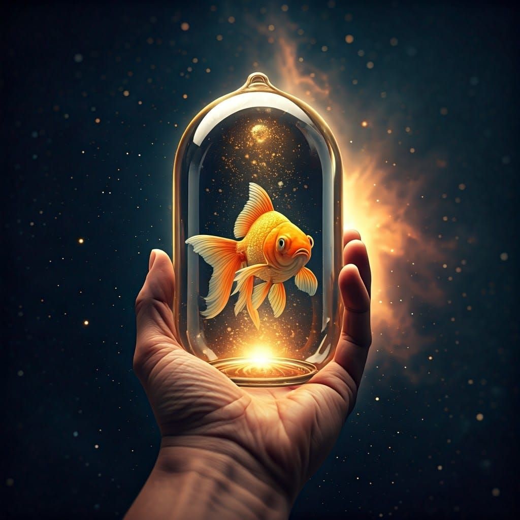 Golden Fish in Glass Capsule in Galaxy