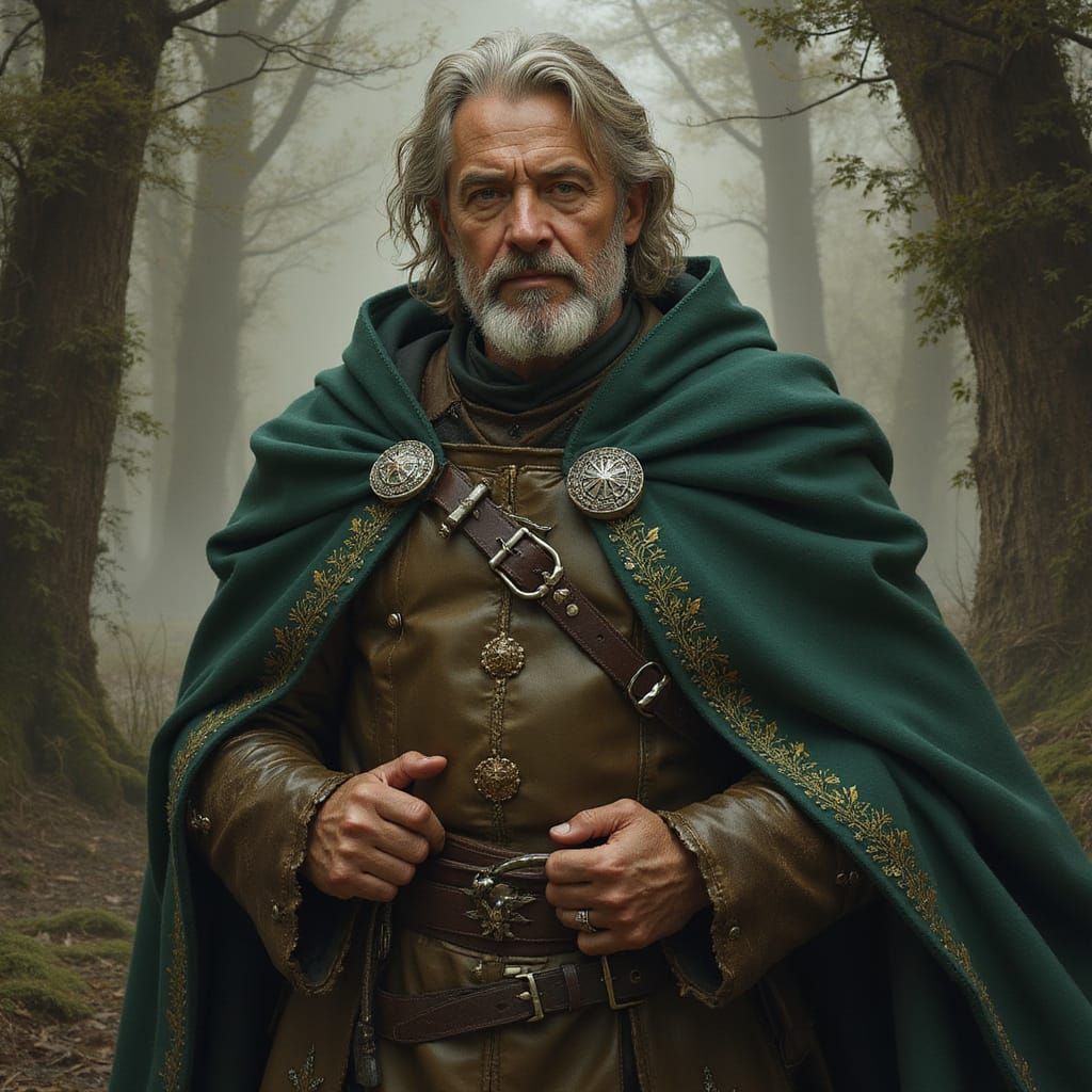 Weathered Adventurer in Dark Green Cloak, Fantasy Portrait