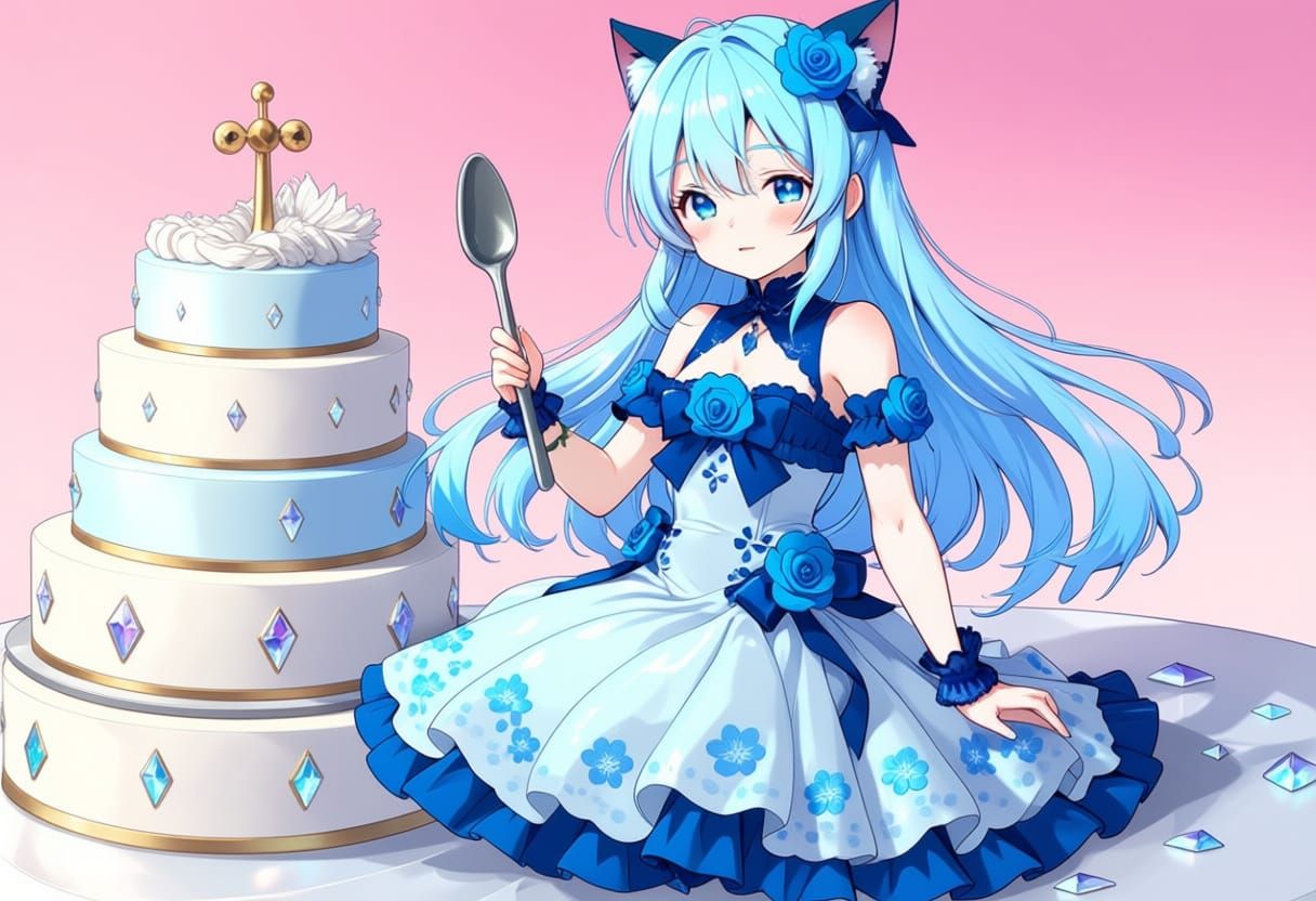 Anime Girl in Crystallized Gown Sitting on Giant Cake