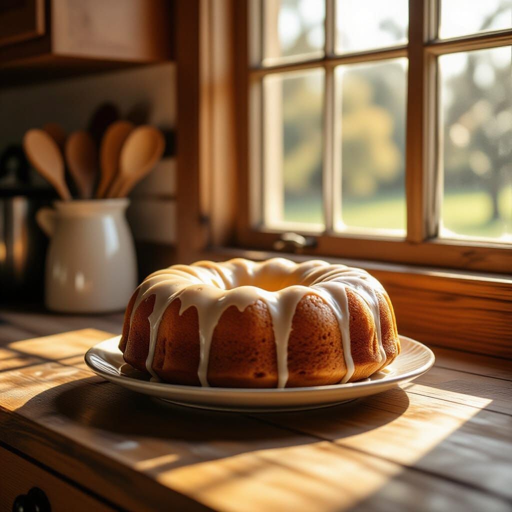 Golden Bundt Cake on Rustic Countertop in Morning Sunlight