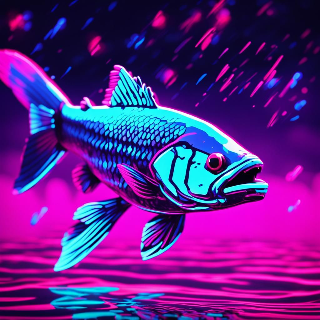 Synthwave Neon Fish Jumping Over Water