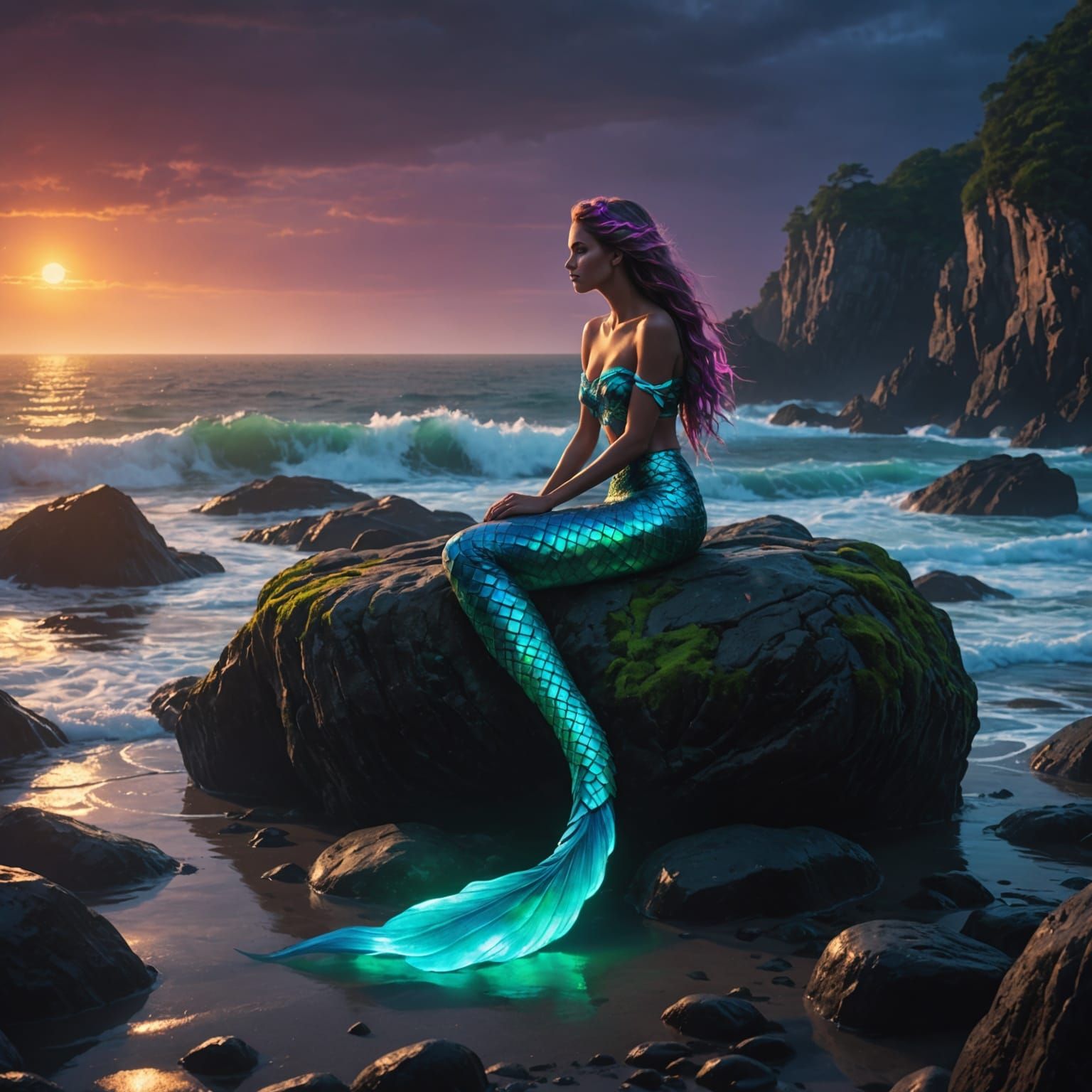 Neon Mermaid Seaside: Digital Matte Painting