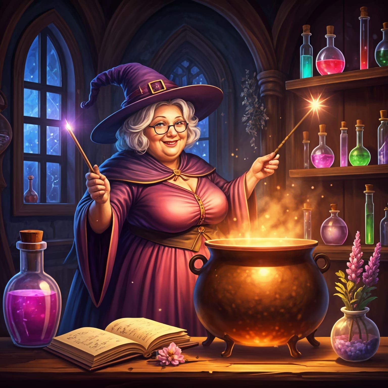 Magical Witch Brews Potion in Enchanted Study