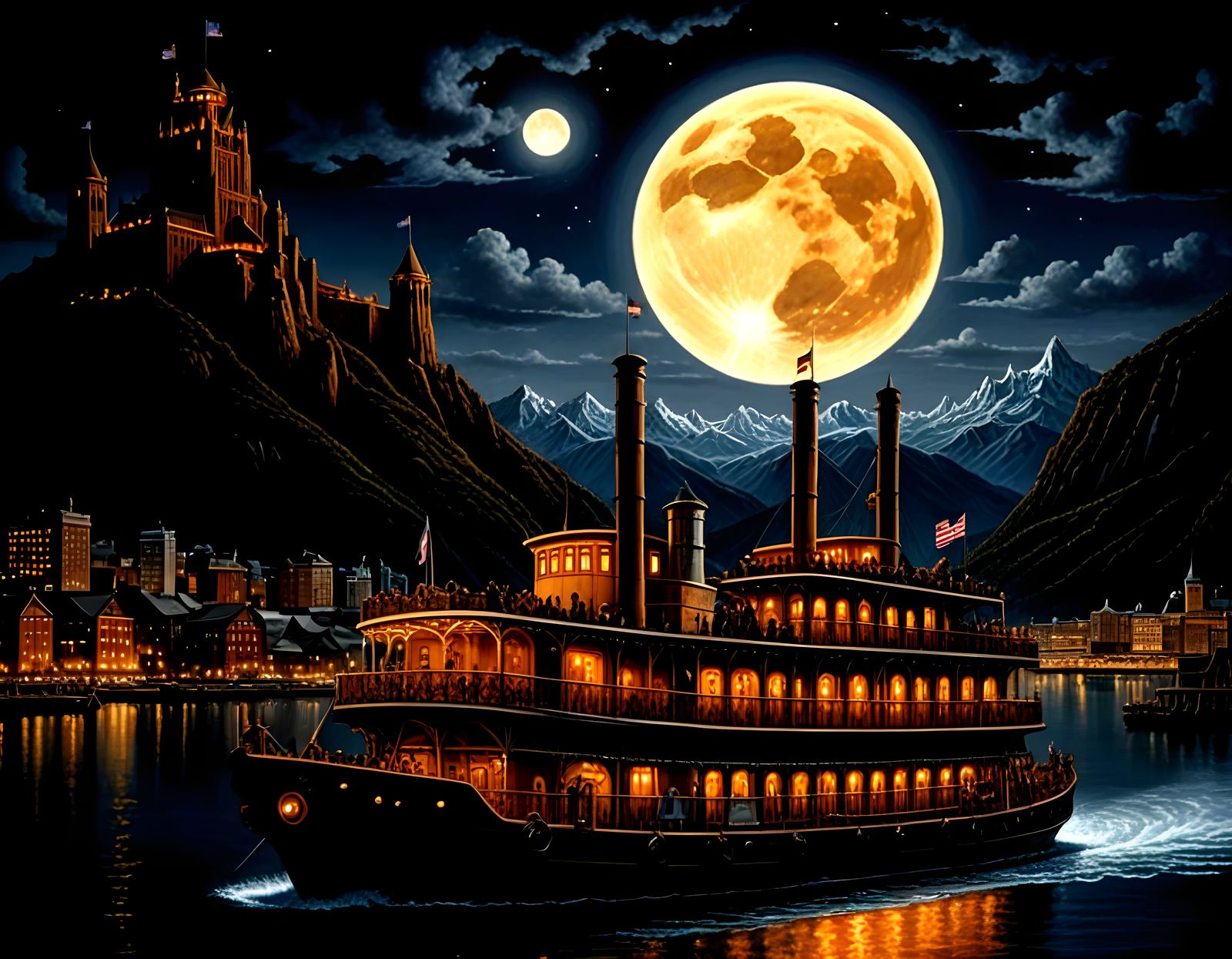 The paddle wheel river boat  leaves the towers of the  city port