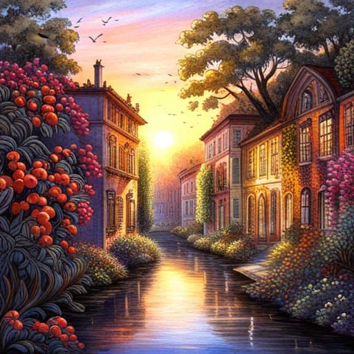 Detailed Line Drawing: Abandoned Buildings Reclaimed by Natu...