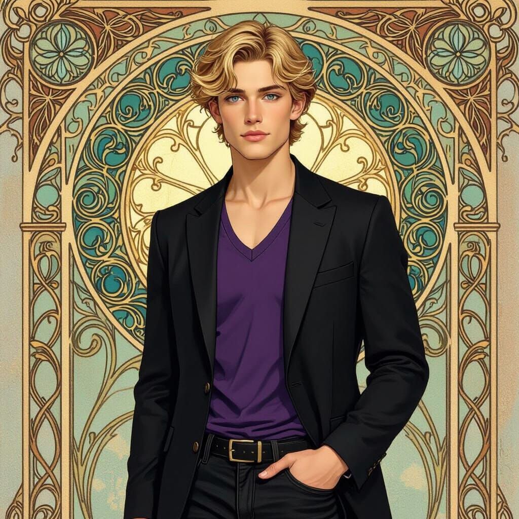 Art Nouveau Portrait of a Young Man with Indigo Eyes