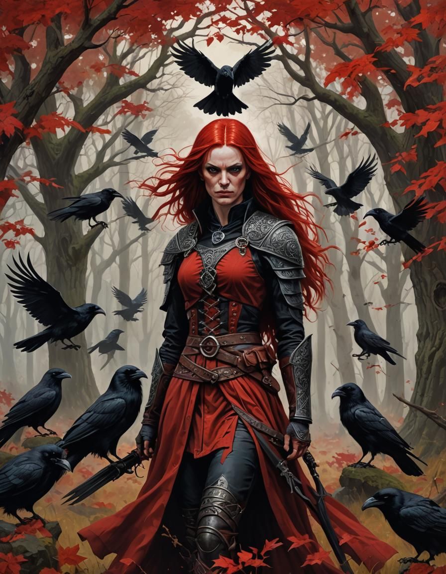 Gothic Celtic Warrior with Ravens in Folk Art